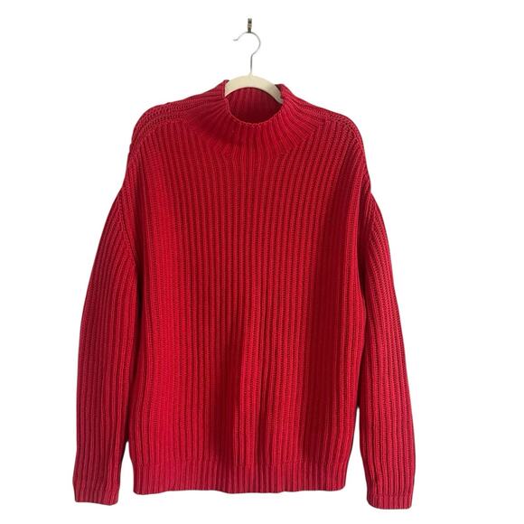 GAP Shaker Stitch Turtleneck Sweater Red Fisherman Chunky Knit Sz Large Holiday - Picture 2 of 12